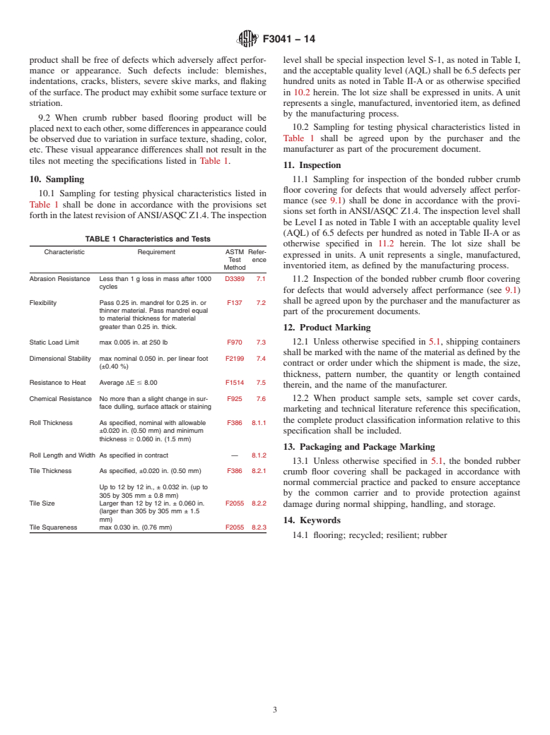 ASTM F3041-14 - Standard Specification for Bonded Rubber Crumb Floor Coverings