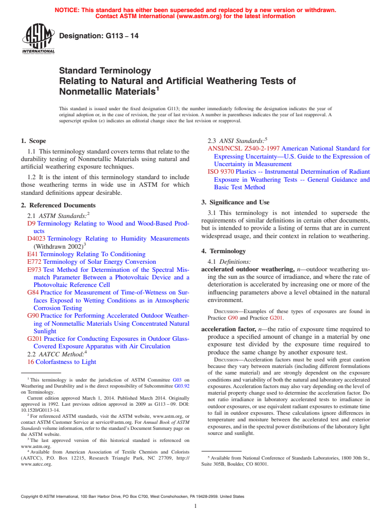 ASTM G113-14 - Standard Terminology  Relating to Natural and Artificial Weathering Tests of Nonmetallic  Materials