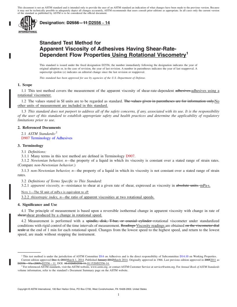 REDLINE ASTM D2556-14 - Standard Test Method for Apparent Viscosity of Adhesives Having Shear-Rate-Dependent  Flow Properties Using Rotational Viscometry