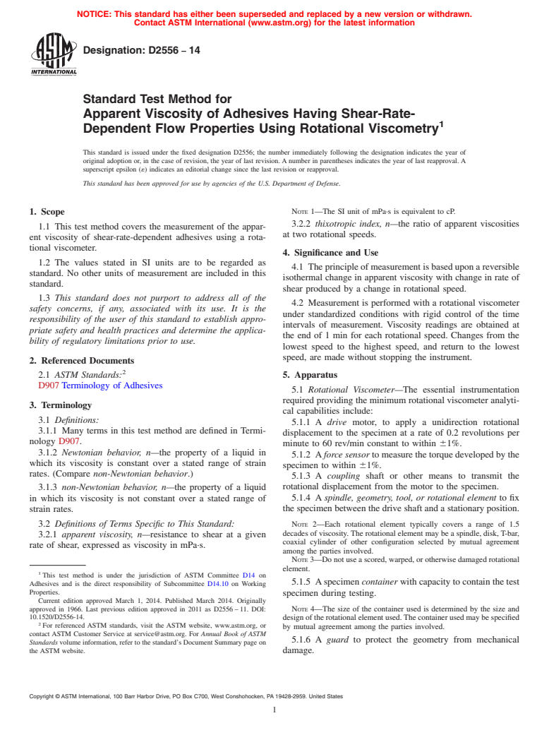 ASTM D2556-14 - Standard Test Method for Apparent Viscosity of Adhesives Having Shear-Rate-Dependent  Flow Properties Using Rotational Viscometry