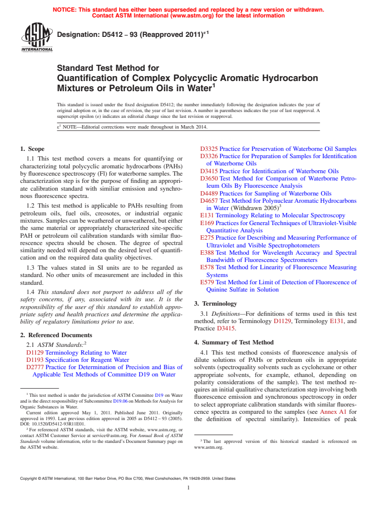 ASTM D5412-93(2011)e1 - Standard Test Method for  Quantification of Complex Polycyclic Aromatic Hydrocarbon Mixtures  or Petroleum Oils in Water