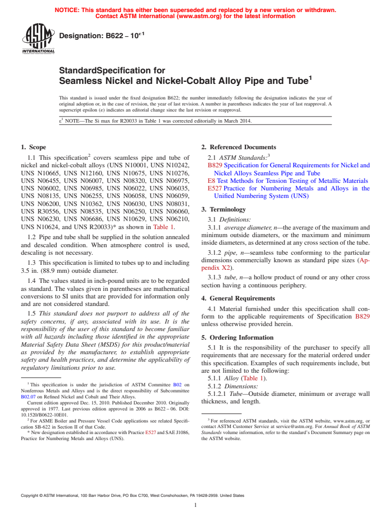 ASTM B622-10e1 - Standard Specification for Seamless Nickel and Nickel-Cobalt Alloy Pipe and Tube