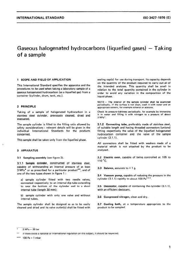 ISO 3427:1976 - Gaseous halogenated hydrocarbons (liquefied gases) -- Taking of a sample