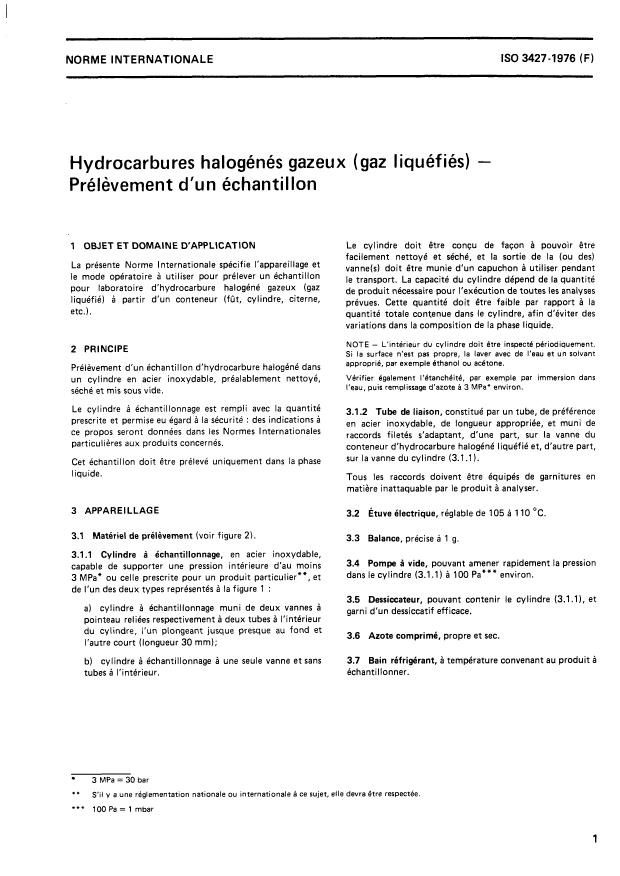 ISO 3427:1976 - Hydrocarbures halogénés gazeux (gaz liquéfiés) -- Prélevement d'un échantillon