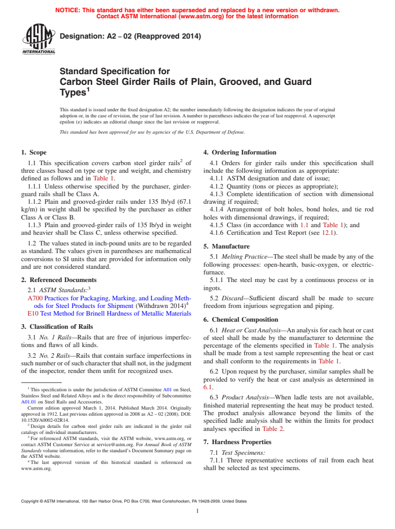 ASTM A2-02(2014) - Standard Specification for  Carbon Steel Girder Rails of Plain, Grooved, and Guard Types