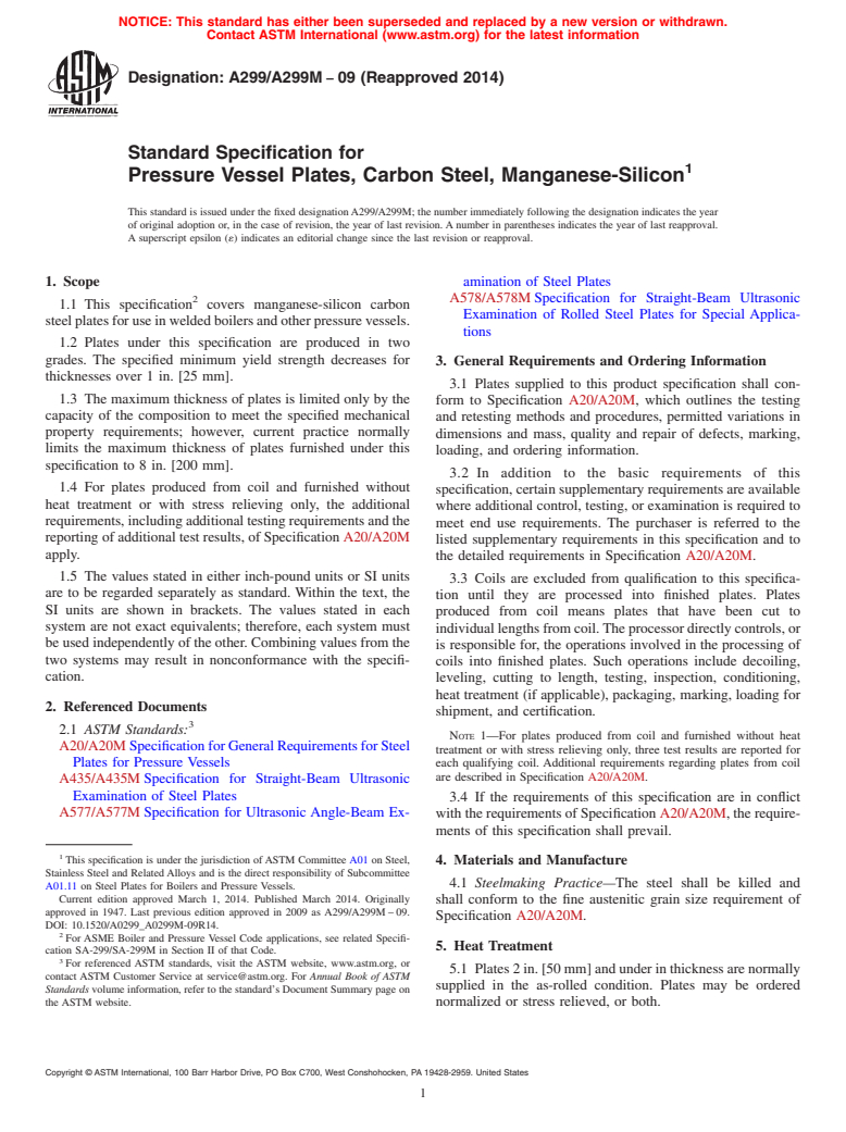 ASTM A299/A299M-09(2014) - Standard Specification for  Pressure Vessel Plates, Carbon Steel, Manganese-Silicon