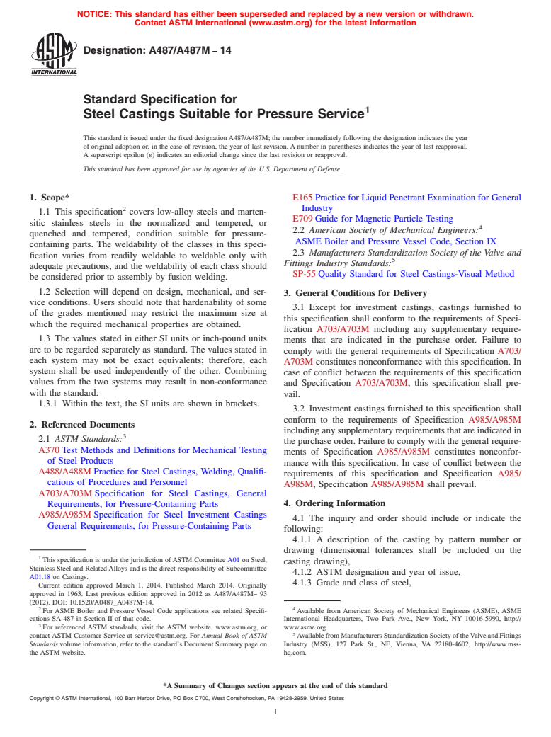 ASTM A487/A487M-14 - Standard Specification for Steel Castings Suitable for Pressure Service