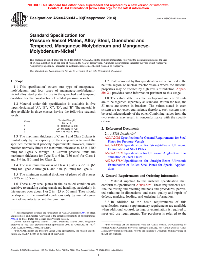 ASTM A533/A533M-09(2014) - Standard Specification for  Pressure Vessel Plates, Alloy Steel, Quenched and Tempered,  Manganese-Molybdenum and Manganese-Molybdenum-Nickel