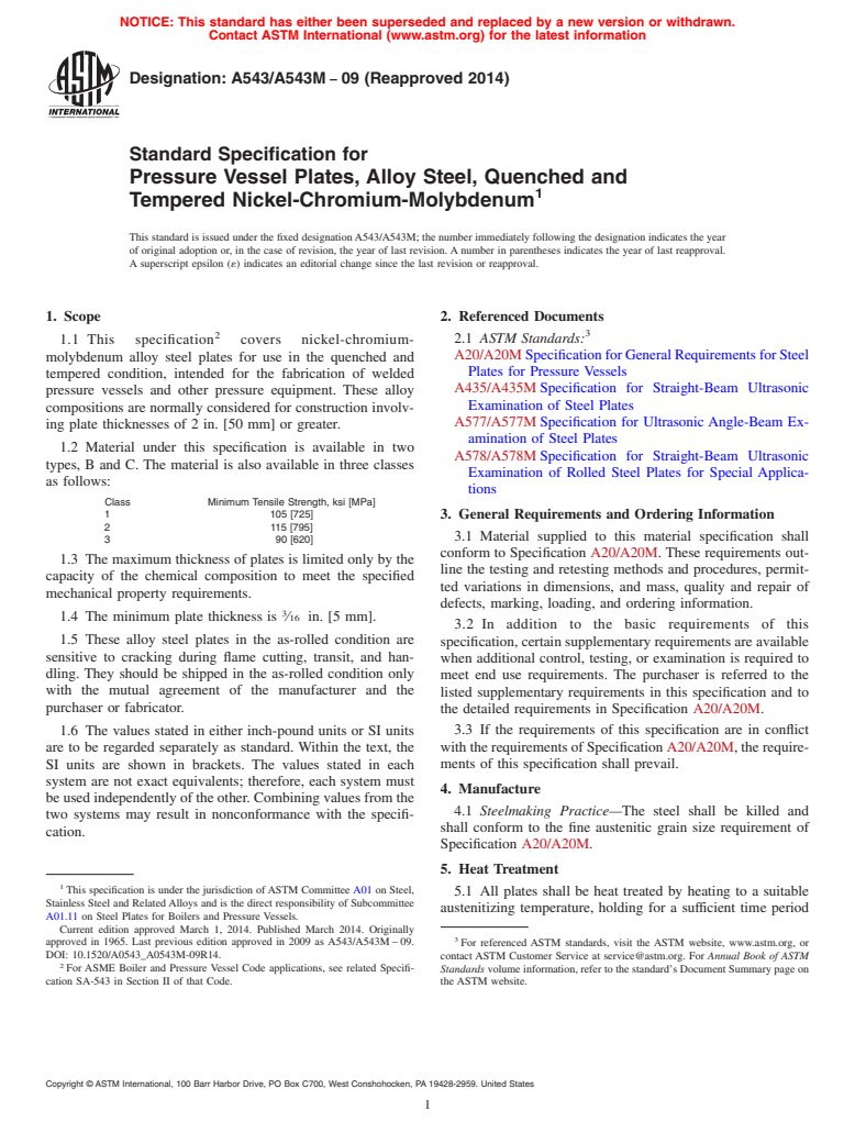 ASTM A543/A543M-09(2014) - Standard Specification for  Pressure Vessel Plates, Alloy Steel, Quenched and Tempered  Nickel-Chromium-Molybdenum