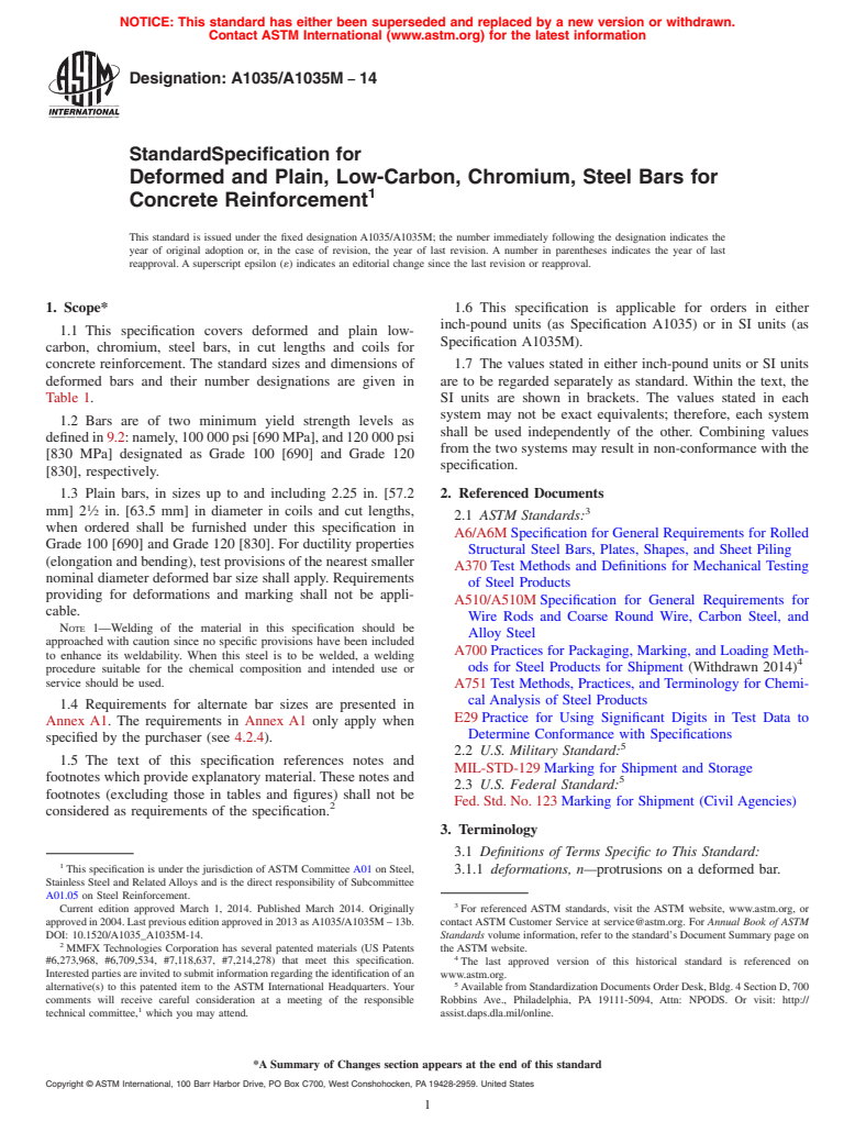ASTM A1035/A1035M-14 - Standard Specification for  Deformed and Plain, Low-Carbon, Chromium, Steel Bars for Concrete  Reinforcement