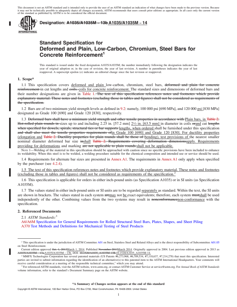 REDLINE ASTM A1035/A1035M-14 - Standard Specification for  Deformed and Plain, Low-Carbon, Chromium, Steel Bars for Concrete  Reinforcement