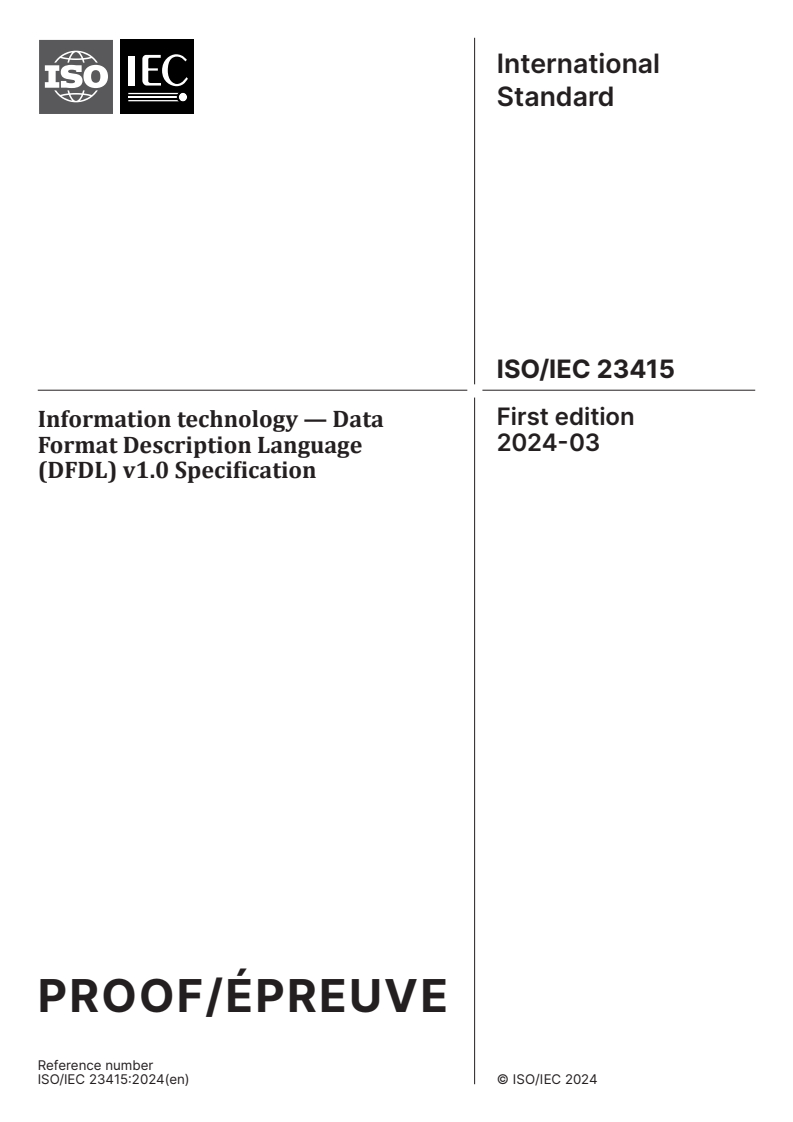 ISO/IEC PRF 23415 - Information technology — Data Format Description Language (DFDL) v1.0 Specification
Released:19. 02. 2024
