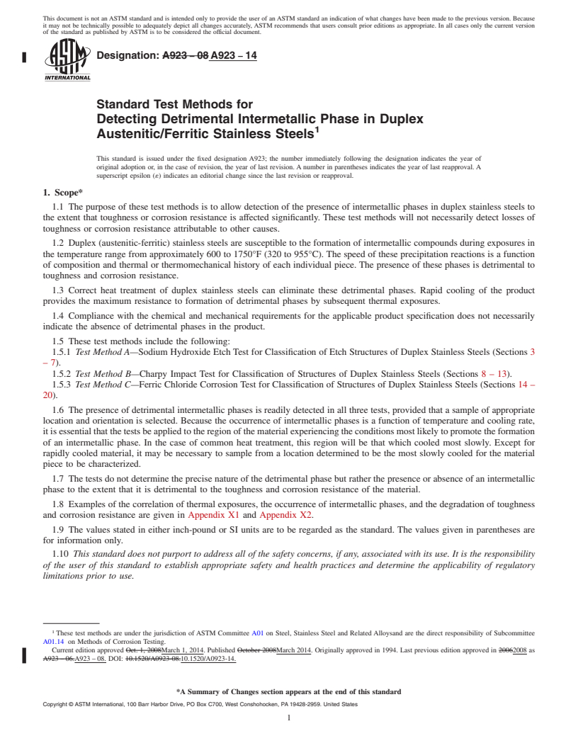 REDLINE ASTM A923-14 - Standard Test Methods for  Detecting Detrimental Intermetallic Phase in Duplex Austenitic/Ferritic  Stainless Steels