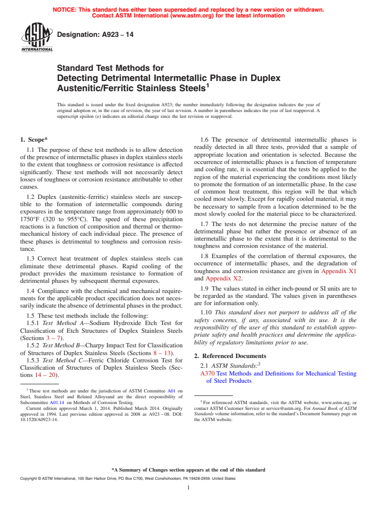 ASTM A923-14 - Standard Test Methods for  Detecting Detrimental Intermetallic Phase in Duplex Austenitic/Ferritic  Stainless Steels