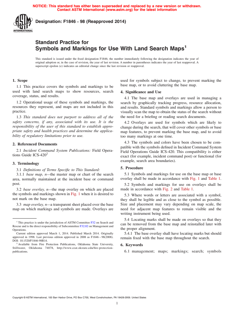 ASTM F1846-98(2014) - Standard Practice for  Symbols and Markings for Use With Land Search Maps