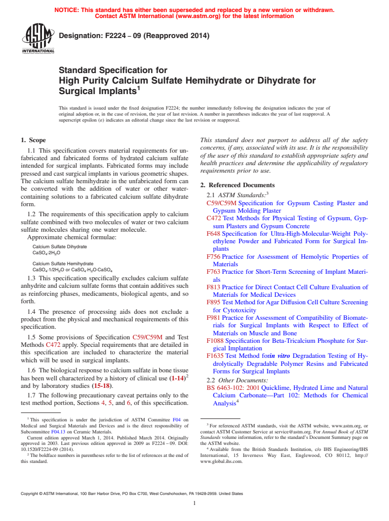 ASTM F2224-09(2014) - Standard Specification for  High Purity Calcium Sulfate Hemihydrate or Dihydrate for Surgical  Implants