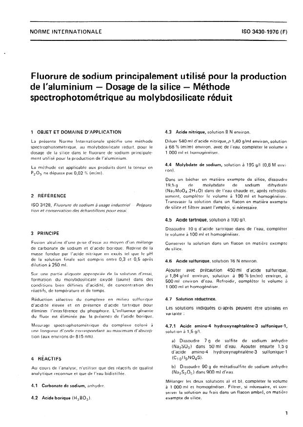 ISO 3430:1976 - Fluorure de sodium principalement utilisé pour la production de l'aluminium -- Dosage de la silice -- Méthode spectrophotométrique au molybdosilicate réduit