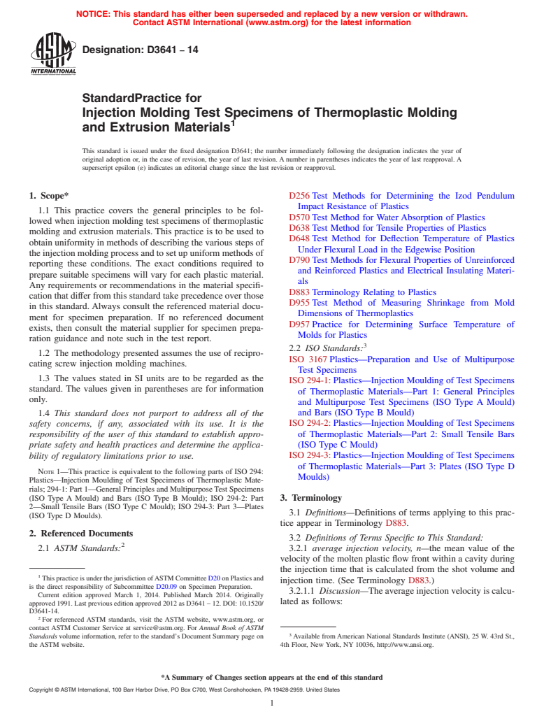 ASTM D3641-14 - Standard Practice for  Injection Molding Test Specimens of Thermoplastic Molding and  Extrusion Materials