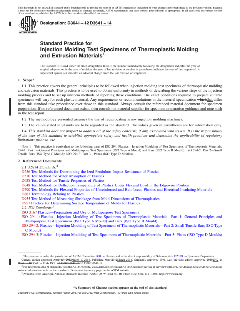 REDLINE ASTM D3641-14 - Standard Practice for  Injection Molding Test Specimens of Thermoplastic Molding and  Extrusion Materials