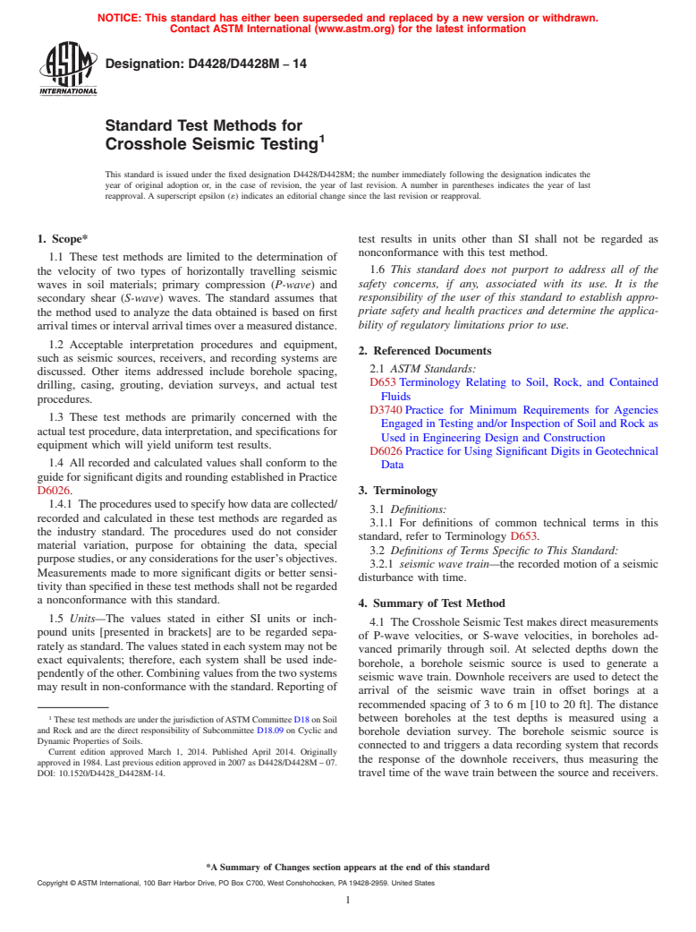 ASTM D4428/D4428M-14 - Standard Test Methods for  Crosshole Seismic Testing (Withdrawn 2023)