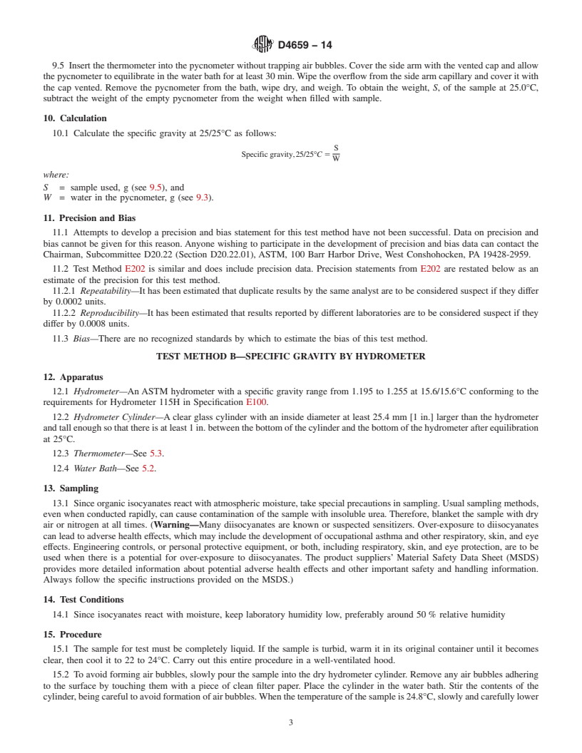 REDLINE ASTM D4659-14 - Standard Test Methods for  Polyurethane Raw Materials: Determination of Specific Gravity  of Isocyanates