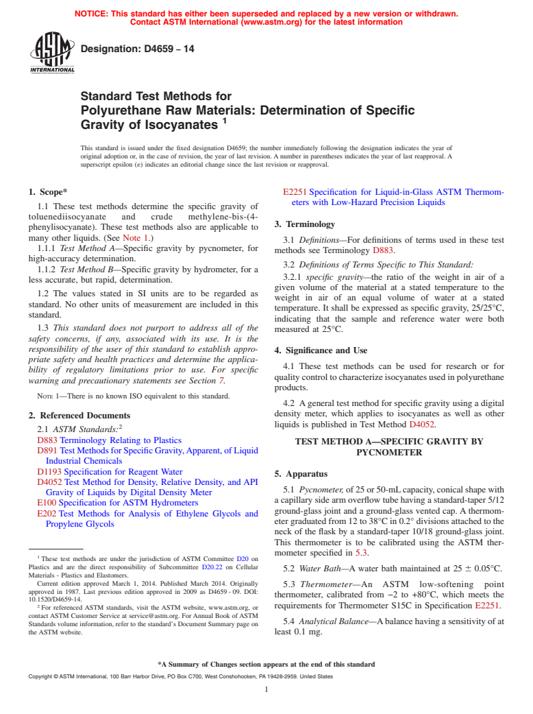 ASTM D4659-14 - Standard Test Methods for  Polyurethane Raw Materials: Determination of Specific Gravity  of Isocyanates