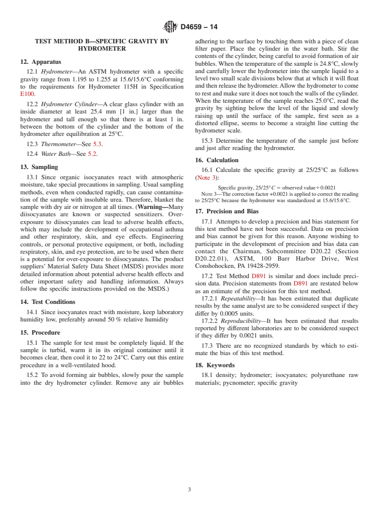 ASTM D4659-14 - Standard Test Methods for  Polyurethane Raw Materials: Determination of Specific Gravity  of Isocyanates