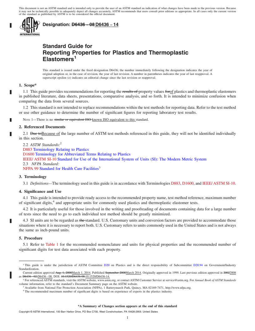 REDLINE ASTM D6436-14 - Standard Guide for  Reporting Properties for Plastics and Thermoplastic Elastomers