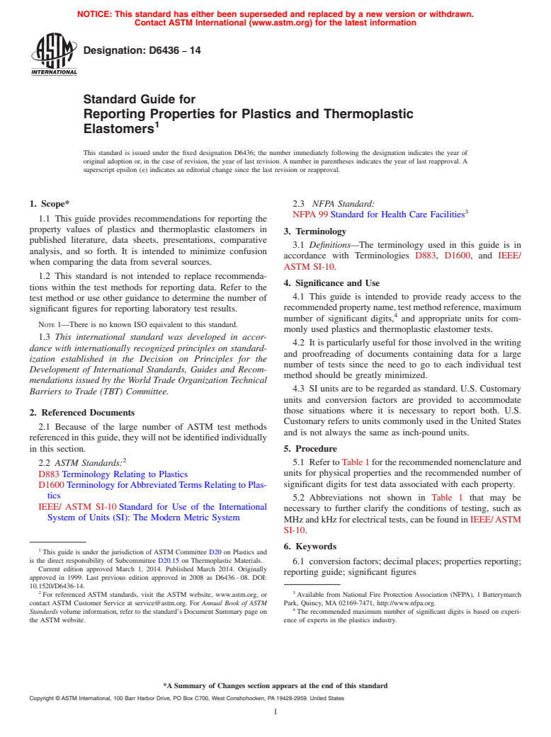 ASTM D6436-14 - Standard Guide for  Reporting Properties for Plastics and Thermoplastic Elastomers