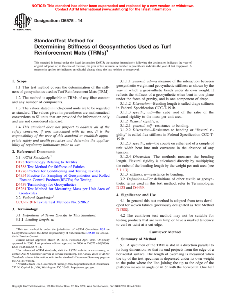 ASTM D6575-14 - Standard Test Method for  Determining Stiffness of Geosynthetics Used as Turf Reinforcement  Mats  &#40;TRMs&#41;