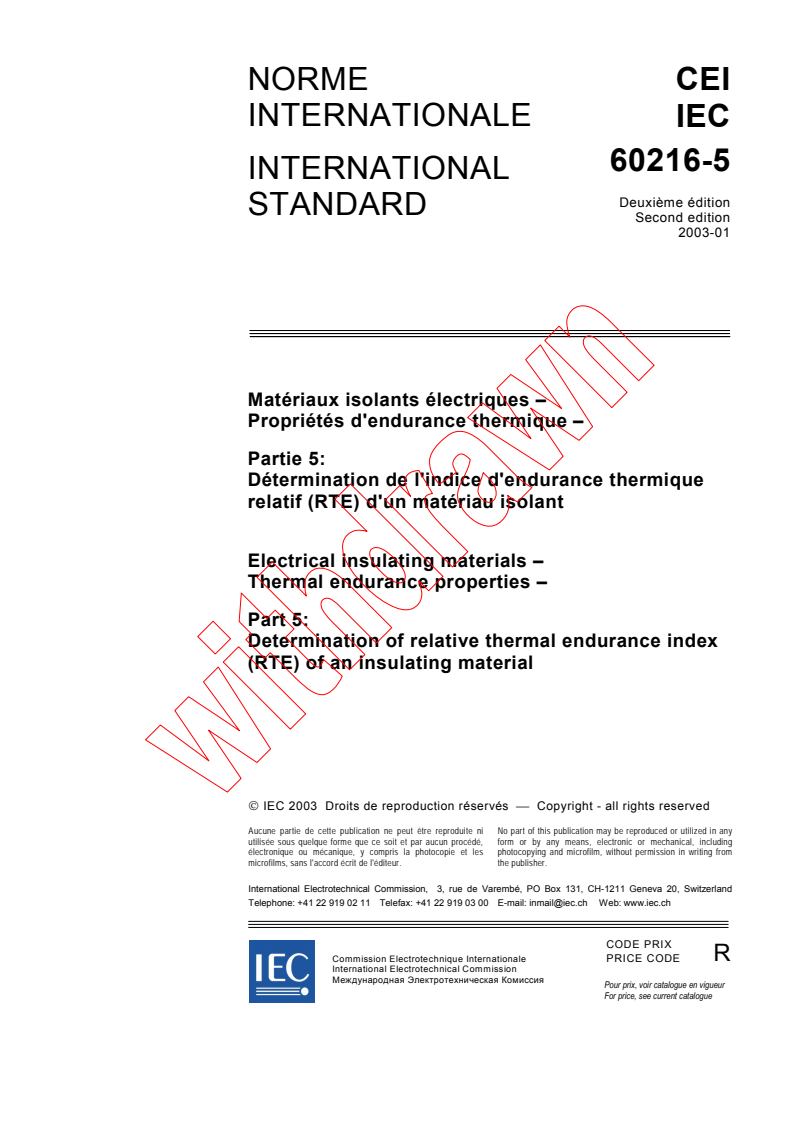 iec60216-5{ed2.0}b - IEC 60216-5:2003 - Electrical insulating materials - Thermal endurance properties - Part 5: Determination of relative thermal endurance index (RTE) of an insulating material
Released:1/17/2003
Isbn:2831868033