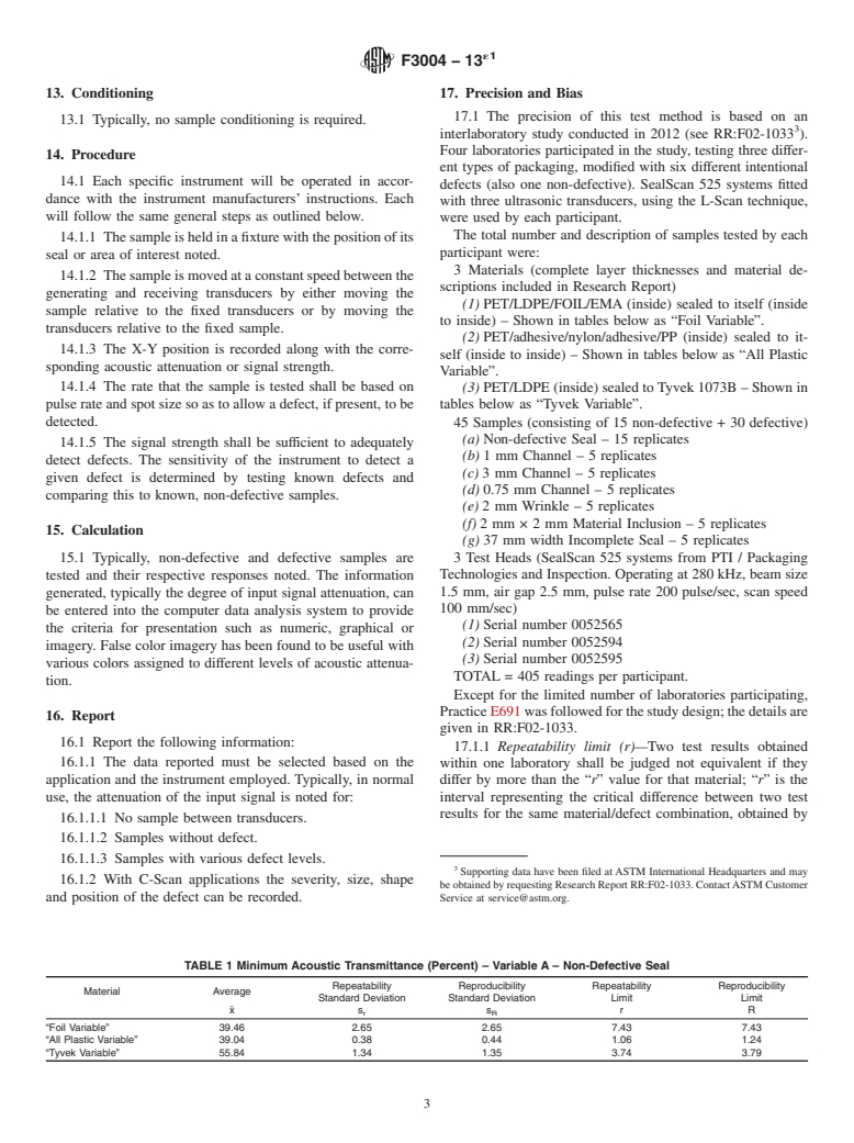 ASTM F3004-13e1 - Standard Test Method for Evaluation of Seal Quality and Integrity Using Airborne Ultrasound