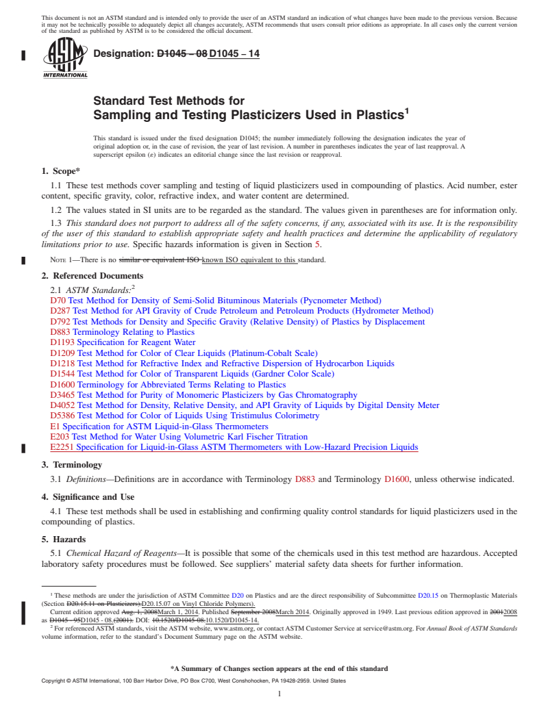 REDLINE ASTM D1045-14 - Standard Test Methods for  Sampling and Testing Plasticizers Used in Plastics