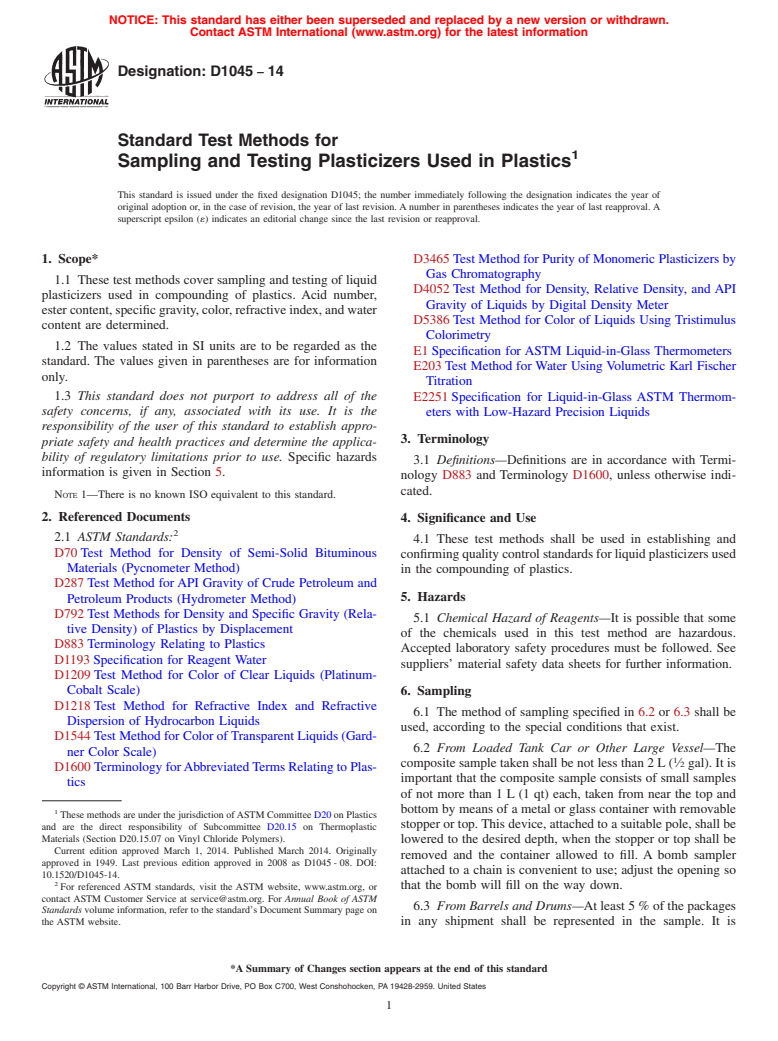 ASTM D1045-14 - Standard Test Methods for  Sampling and Testing Plasticizers Used in Plastics