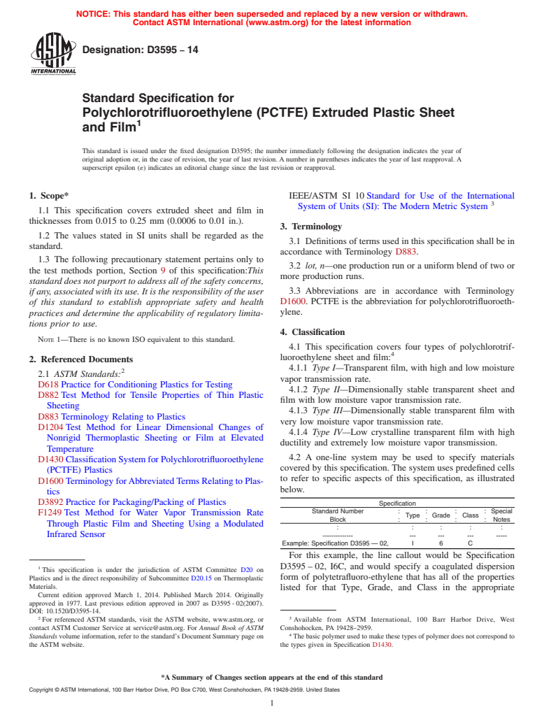 ASTM D3595-14 - Standard Specification for  Polychlorotrifluoroethylene &#40;PCTFE&#41; Extruded Plastic Sheet  and Film