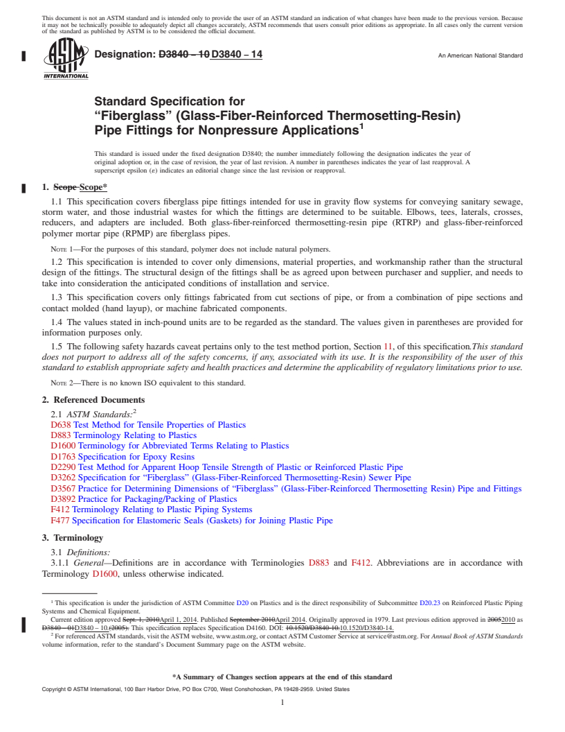 REDLINE ASTM D3840-14 - Standard Specification for  &ldquo;Fiberglass&rdquo; &#40;Glass-Fiber-Reinforced Thermosetting-Resin&#41;  Pipe Fittings for Nonpressure Applications