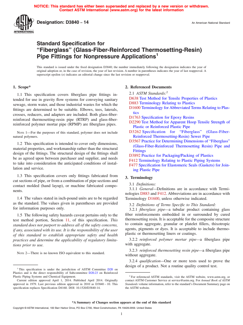 ASTM D3840-14 - Standard Specification for  &ldquo;Fiberglass&rdquo; &#40;Glass-Fiber-Reinforced Thermosetting-Resin&#41;  Pipe Fittings for Nonpressure Applications