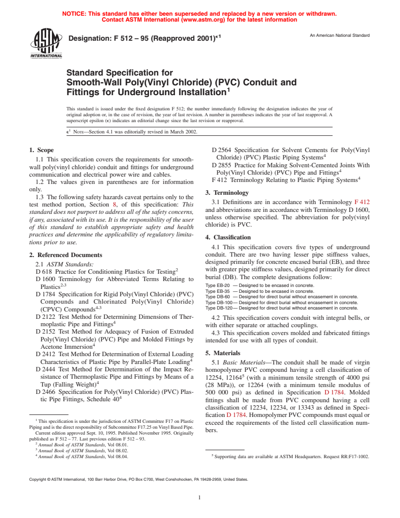 ASTM F512-95(2001)e1 - Standard Specification for Smooth-Wall Poly(Vinyl Chloride) (PVC) Conduit and Fittings for Underground Installation