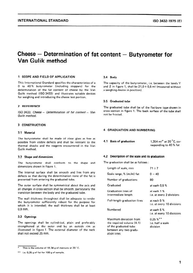 ISO 3432:1975 - Cheese -- Determination of fat content -- Butyrometer for Van Gulik method