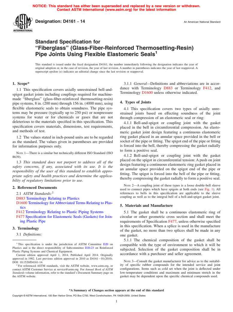 ASTM D4161-14 - Standard Specification for  &ldquo;Fiberglass&rdquo; &#40;Glass-Fiber-Reinforced Thermosetting-Resin&#41;  Pipe Joints Using Flexible Elastomeric Seals