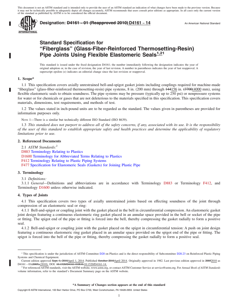 REDLINE ASTM D4161-14 - Standard Specification for  &ldquo;Fiberglass&rdquo; &#40;Glass-Fiber-Reinforced Thermosetting-Resin&#41;  Pipe Joints Using Flexible Elastomeric Seals