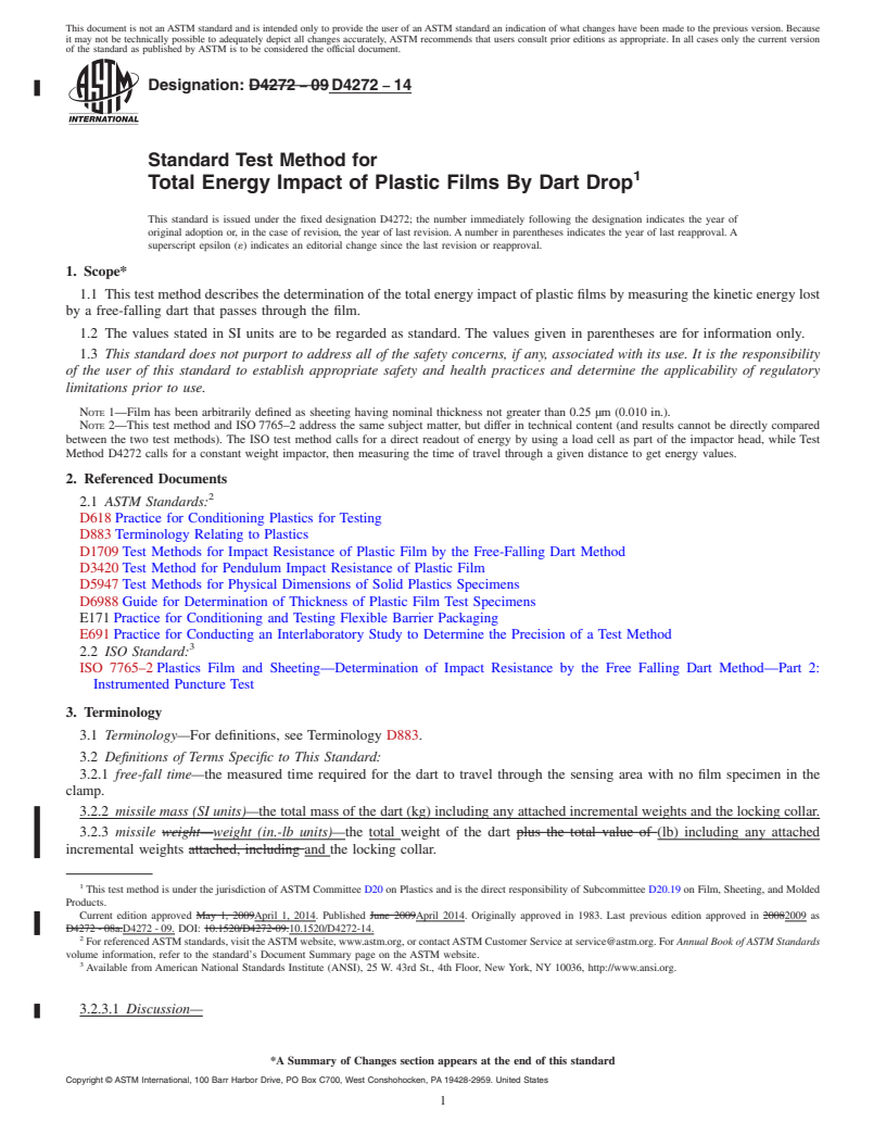 REDLINE ASTM D4272-14 - Standard Test Method for  Total Energy Impact of Plastic Films By Dart Drop