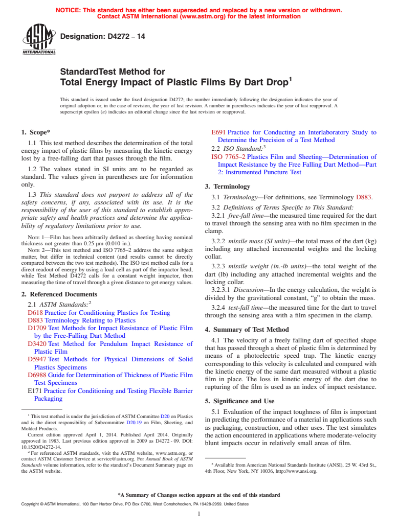 ASTM D4272-14 - Standard Test Method for  Total Energy Impact of Plastic Films By Dart Drop