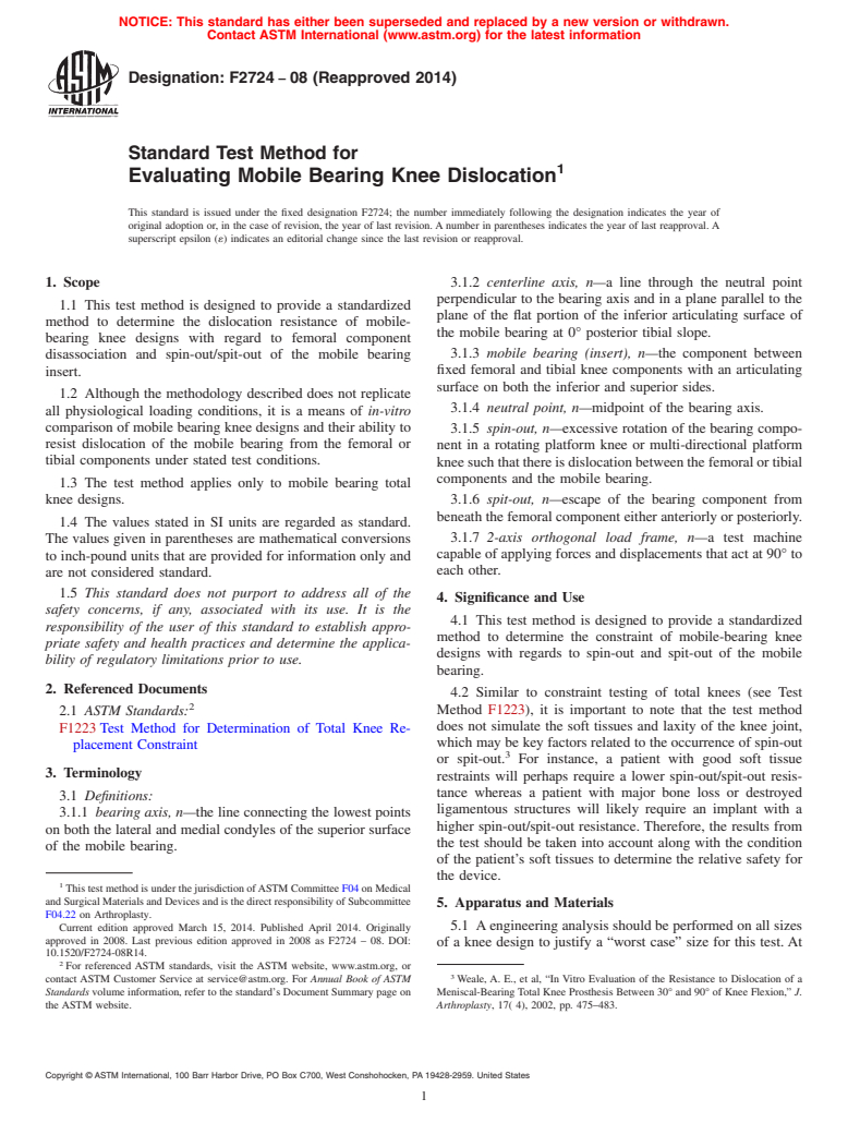 ASTM F2724-08(2014) - Standard Test Method for  Evaluating Mobile Bearing Knee Dislocation