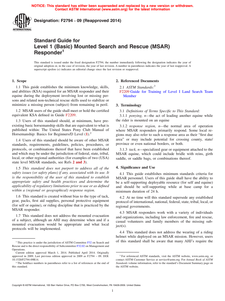 ASTM F2794-09(2014) - Standard Guide for  Level 1 &#40;Basic&#41; Mounted Search and Rescue &#40;MSAR&#41; Responder