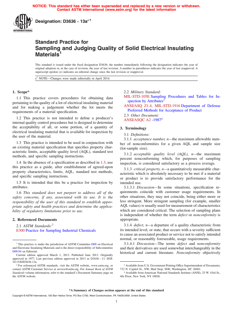 ASTM D3636-13ae1 - Standard Practice for  Sampling and Judging Quality of Solid Electrical Insulating  Materials