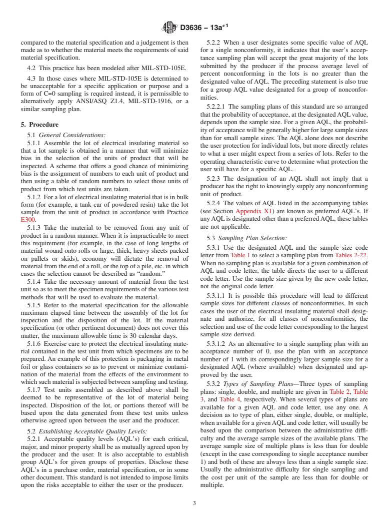 ASTM D3636-13ae1 - Standard Practice for  Sampling and Judging Quality of Solid Electrical Insulating  Materials