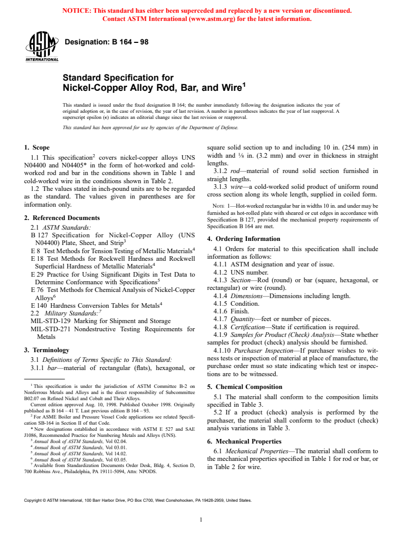 ASTM B164-98 - Standard Specification for Nickel-Copper Alloy Rod, Bar, and Wire