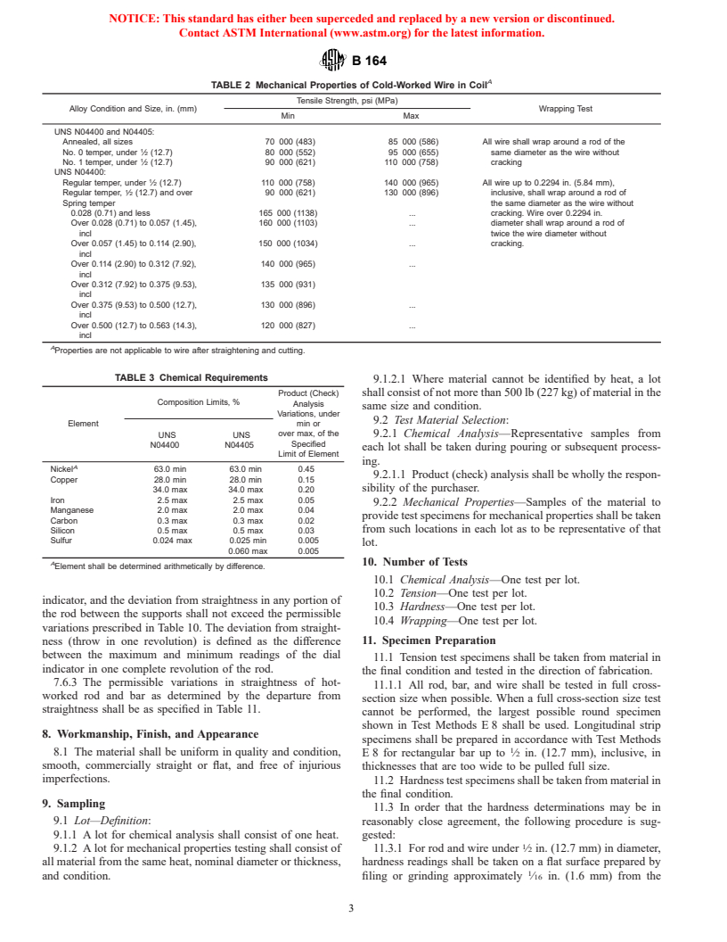 ASTM B164-98 - Standard Specification for Nickel-Copper Alloy Rod, Bar, and Wire