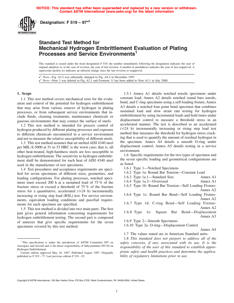 ASTM F519-97e2 - Standard Test Method for Mechanical Hydrogen Embrittlement Evaluation of Plating Processes and Service Environments